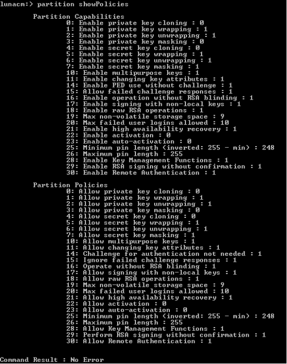 Command prompt window running lunacm command displaying information about HSM partition capabilities and policies